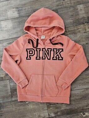 PINK Victoria's Secret Coral Pink Zip-Up Hoodie with Black Logo Size Medium